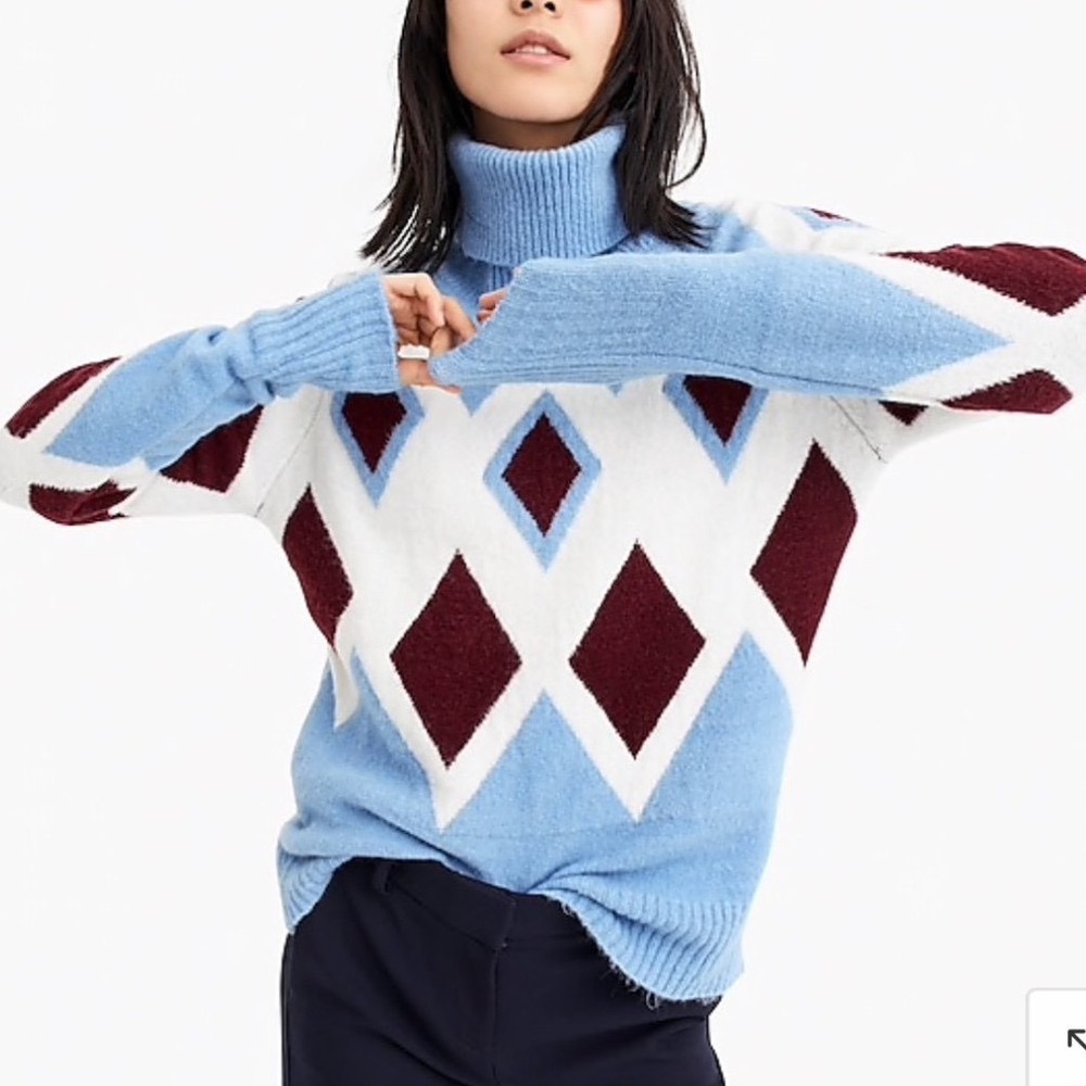 J.Crew Argyle Turtleneck Sweater Blue White Burgundy Diamond Knit‎ K5305 M hh
